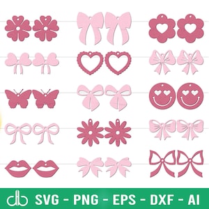 Set di orecchini a fiocco Coquette in formato SVG, orecchini a fiocco in formato SVG, orecchini in formato SVG, orecchini in similpelle in formato SVG, orecchini a fiocco in nastro in formato SVG, set di orecchini a fiocco rosa