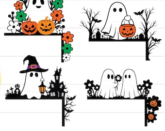 Cute Ghost Door Corner SVG, Halloween Door Corner SVG, Door Corner SVG, Halloween Door Topper, Ghost Flowers, Pumpkin Flowers Door Toppers
