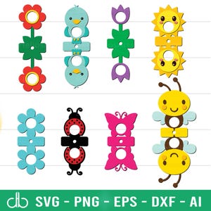 Puede incluir: Una colección de recortes de madera coloridos en varias formas, incluyendo flores, pájaros, tulipanes, soles, una mariquita, una mariposa y una abeja. Los recortes son de color rojo, amarillo, azul, negro y rosa. La parte inferior de la imagen tiene el texto "SVG - PNG - EPS - DXF - AI".