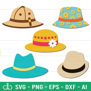 May include: A collection of five colorful hats in various styles. Includes a safari hat, a bucket hat with a floral pattern, a yellow hat with a pink band and white flower, a turquoise hat with a yellow band, and a tan hat with a black band. The bottom of the image includes the text "SVG - PNG - EPS - DXF - AI".