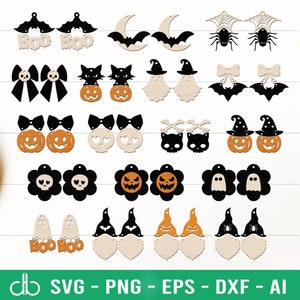 以下が含まれることがあります： ハロウィーンをテーマにしたイヤリングのデザインが20種類セットになっています。デザインには、カボチャ、ゴースト、コウモリ、クモ、スカルなどがあります。イヤリングは木でできており、カットして組み立てられます。