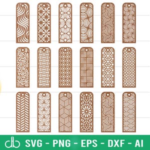 Puede incluir: Conjunto de 18 archivos digitales de corte para marcapáginas con varios patrones geométricos. Los diseños son en marrón y blanco y son perfectos para cortar con láser o manualidades.
