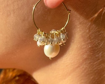 Natural Pearl Earrings with Labradorite on 18k Gold Vermeil, HG305
