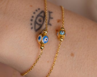 Dainty Evil Eye Bracelet, Nazar Protection Jewelry, 14k Gold Beaded Bracelet, Greek Kabbalah Charm, Boho Jewelry Gift