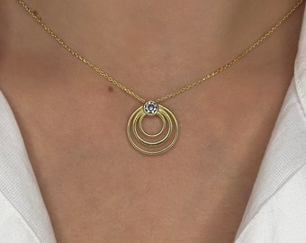 Triple Circle Necklace with CZ on Sterling Silver, HG032