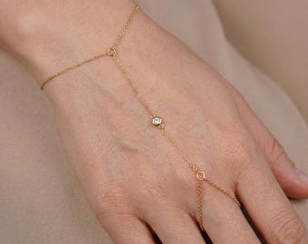 Pulsera de oro de 14 quilates con diamantes y cadena para la mano: Joyería de oro macizo para el dedo