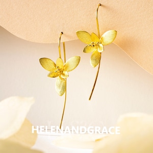 Gold Orchid Earrings: Sterling Silver Dangle, Botanical Jewelry