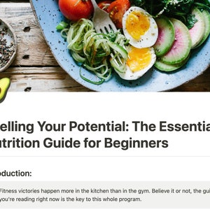 Puede incluir: Un tazón azul lleno de una comida saludable de aguacate, pepino, rábano, huevos y tomates. El texto "Fuelling Your Potential: The Essential Nutrition Guide for Beginners" está por encima del tazón. El texto "Introduction: Fitness victories happen more in the kitchen than in the gym. Believe it or not, the guide you're reading right now is the key to this whole program." está debajo del tazón.