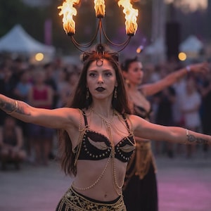 May include: A performer in a black costume with gold accents, adorned with a headpiece holding three flames. The dancer is in front of a crowd, arms outstretched, with a second dancer in the background.
