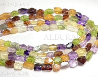 May include: A strand of faceted gemstone beads in various colors, including amethyst, green, orange, and brown. The beads are all faceted and have a polished finish. The beads are strung on a clear thread and are ready to be used for jewelry making.