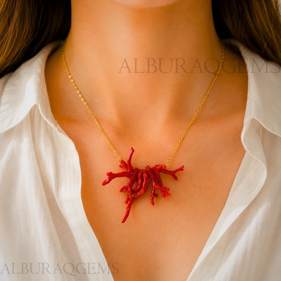 Natural Italian Red Coral Necklace, Coral Branch Pendant on Brass Chain, Mediterranean Coral Jewelry, Gift for Her