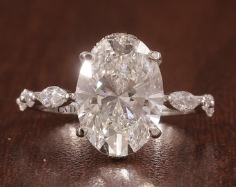 3 Carat F Color VS1 Clarity IGI Certified Lab Grown Oval Cut Lab Diamond Solitaire Hidden Halo Engagement Ring, Side Marquise& Round Diamond