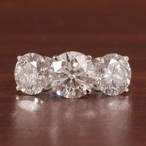 Traditional 5 Carat VS1 Clarity F colorless IGI Certified Round Ideal Cut Lab Grown Diamond Three Stone Engagement Ring 14k White Gold