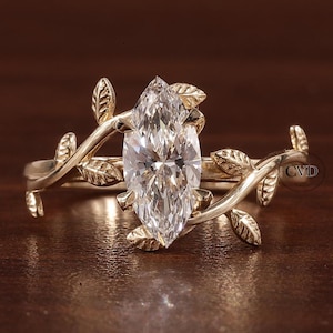 Nature Inspired Marquise Shape Moissanite Leaf Engagement Ring Set, 14K Yellow Gold Promise Ring Vine Wedding Anniversary Ring for her