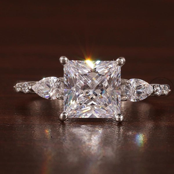 Princess cut Moissanite engagement ring  Unique White gold engagement ring woman Princess Pear wedding  Bridal promise Anniversary gift Ring