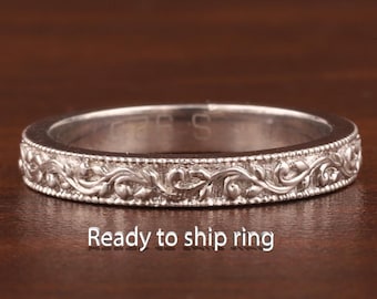 Women’s Vintage Style Wedding Band, Floral Wedding Band,925 Silver Wedding Band Milgrain Wedding Band Silver Ring design matching band Gift