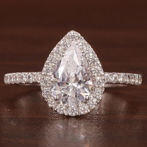 1.5CT Pear Cut Halo Moissanite Engagement Ring, Halo Ring, Pear Cut Moissanite Ring, Wedding Ring, Solitaire Halo Anniversary Ring For Women
