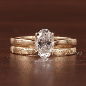 Oval Lab Grown  Engagement Ring Set, 1 CT Delicate Oval Solitaire Ring, tulip Setting Oval  Lab Grown Ring Set, With Plain Gold Wedding Band