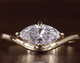 1 Karat Marquise Cut Labor gewachsener Diamant geschwungener Ring, CVD Diamant Solitärring als Hochzeitsgeschenk, 14K Gelbgold Jahrestagsring für Sie