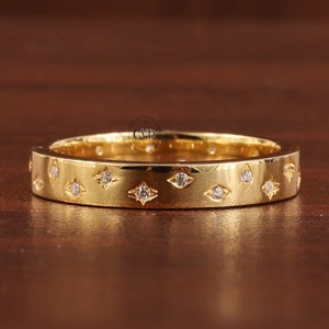 Starbright Flush Setting Moissanite Wedding Band, Matching Engagement Band With Star Gifts For Her, 14k Solid Yellow Gold Band For Women.