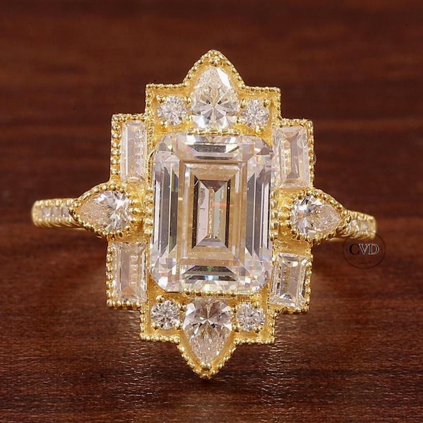 Art Deco Emerald Cut Vintage Bridal Engagement Ring, Baguette And Pear & Round Art Deco Ring, Starburst Ring, Mosaic 14K Gold Wedding Ring