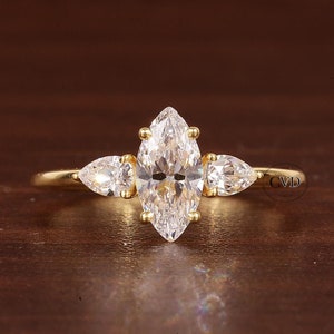 1 CT Marquise Diamond Three Stone Ring ,Marquise Cut & Pear Cut Lab Grown Diamond Engagement Ring, White Gold 3 Stone Ring Vintage pear ring