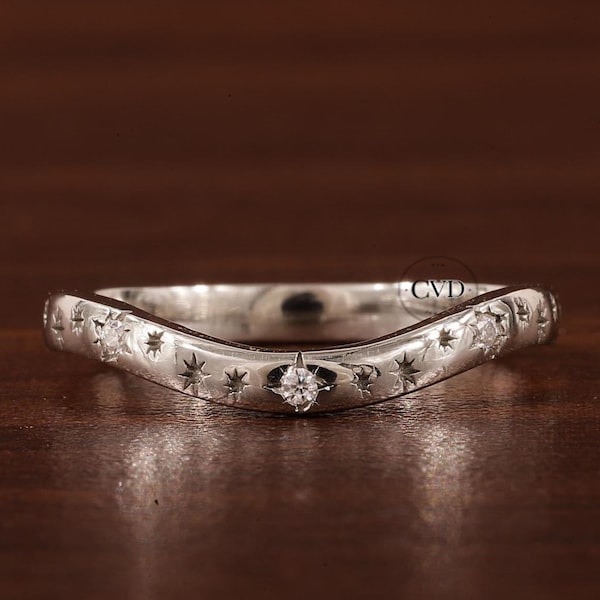 moissanite Starburst curve Wedding Band Ring, 14k Solid Gold Dainty Star curve Anniversary Band, Full Eternity Celestial Ring For Women