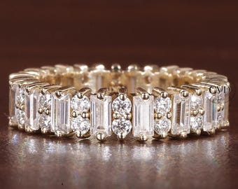 Art Deco Baguette and Round Lab Grown Diamond Wedding Band, cvd Diamond Full Eternity Band,Bridal Matching Band,Vintage Stackable Band