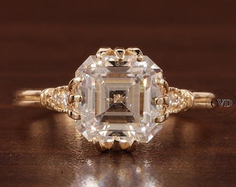 Asscher Cut Moissanite Engagement Ring 14K Yellow Gold Anniversary Ring Art Deco Wedding Ring For Woman Gift For Her Unique Promise Ring
