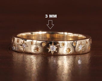 moissanite Starburst Wedding Band Ring, 14k Solid Gold Dainty Star Setting Anniversary Band, Pave Celestial Ring Women,Matching Band Gift