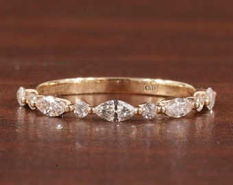Marquise and Round Diamond Band, Lab Grown Diamond Wedding Band, Floating Bubble Band, Stackable Band, Half Eternity Band, Anniversary Gifts