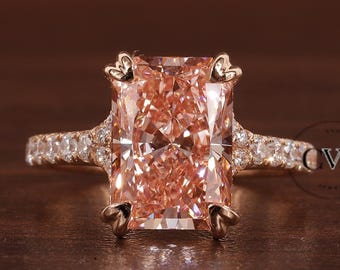 Radiant shaped pink lab grown diamond ring, 18K Rose Gold Ring For Her, Round Lab Grown Diamond Ring Precious ring, IGI Certified Ring