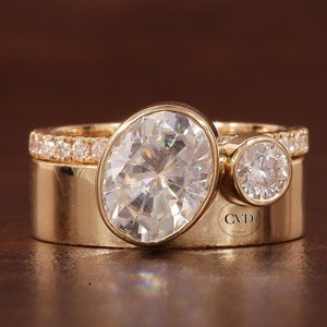 Wide Band Oval and Round Cut Engagement Ring Set For Women - Bezel Set Wedding Ring, Unique Thick Band with full eternity thin band