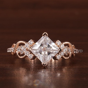 Princess cut Moissanite engagement ring Unique rose gold engagement ring dainty diamond bridal ring Twist ring promise ring anniversary gift