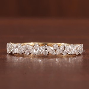 Half Eternity Marquise Wedding Band Marquise and Round Moissanite Band Vintage Style Stacking Ring 14K Solid Gold Bridal Matching Band