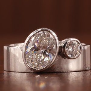 Lab Grown Diamond Wide Band Oval and Round Cut Engagement Ring For Women - Bezel Set Wedding Ring,Unique Thick Band Lab Created Diamond Band