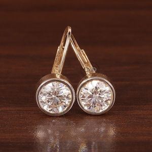 1.5CT Round Moissanite Bezel Set Dangling Earrings in 14K Yellow Gold, Round Cut Moissanite  Solitaire Drop Dangle Earring 14k Yellow Gold