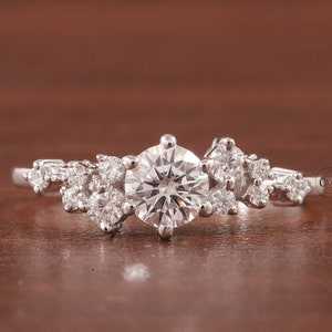Round cut moissanite ring vintage unique snowdrift engagement ring Solitaire With Accents Stone Wedding white gold Ring promise ring her