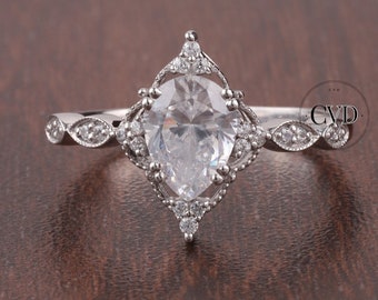 Moissanite Engagement Ring  White Gold Pear Cut Cluster Moissanite Bridal  Art Deco Milgrain Moissanite Wedding Ring  Vintage ring