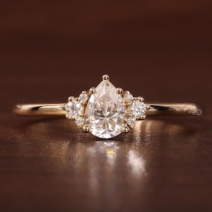 Pear Shaped Moissanite Engagement Ring/ 14k Solid Gold Three Stone Diamond Ring/ Art Deco Vintage Ring/ Unique Wedding Bridal Ring for Women