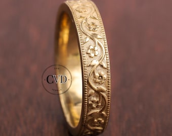 Floral Wedding Band / Vintage Look Wedding Ring / Womens Wedding Band / Romantic Wedding Band 14k Yellow Gold / Skinny Stacking Ring Petunia