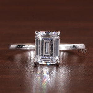 Emerald Cut Hidden Halo Lab Grown Diamond Engagement Ring, Emerald Lab Created Diamond Wedding Ring, Emerald Solitaire Ring Anniversary Gift