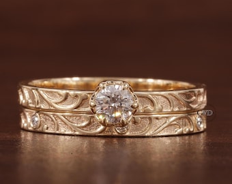 Round Lab Grown Engagement Ring Set,Round low profile ring Ring, Round Lab Grown Ring Set,With Designer Gold band, Bridal Ring Set for women