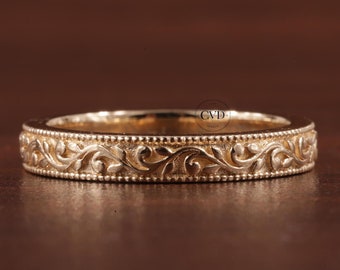 Women’s Vintage Style Wedding Band, Floral Wedding Band, Gold Wedding Band, Milgrain Wedding Band Gold Ring design matching band Gift band