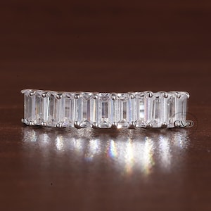 Baguette Moissanite Ring, Solid Gold Half Eternity Baguette Moissanite Wedding Band, Stacking Ring,  Baguette Half Eternity Stacking Band
