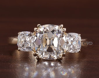 Three old mine cushion Lab Grown Diamond Ring, Double Prong Engagement Ring, Solid Yellow Gold Old Mine Cushion Trilogy Wedding Ring For Her