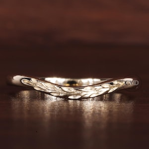 Antique Wedding curved band yellow gold ring wedding band unique bridal Promise Leaf ring Simple matching ring Wedding Anniversary band gift