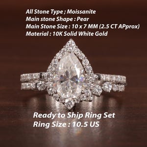 Ready To ship : 2.5CT Pear shaped Moissanite engagement ring set White gold engagement ring Bridal anniversary gift for women Size 10.5 US