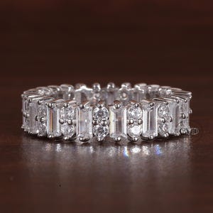 Vintage Style Baguette and Round Moissanite Wedding Band 14K Solid Gold Eternity Band Baguette Wedding Band Wide Wedding full eternity band