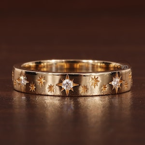 4 MM Wide Round moissanite Starburst Wedding Band Ring, 14k Solid Gold Dainty Star Setting Anniversary Band, Round Celestial Ring For Women